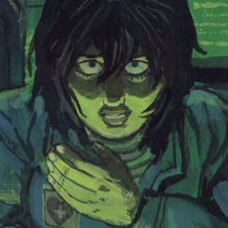 2024 gouache painting. a scene from the horror game 'mouthwashing.' the character anya is crouching in the cockpit of a spaceship, staring up at the viewer with a panicked expression. the lighting is green and gloomy.